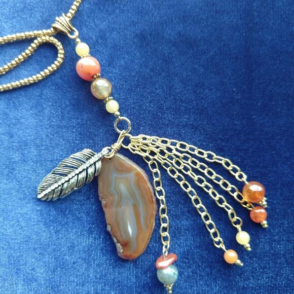 Natural Orange Agate Slice and Gold Feather Necklace strength courage protection - Picture 3 of 10